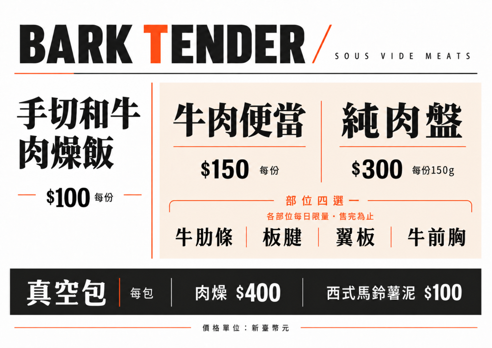 店家菜單：和牛肉燥飯100元、牛排飯150元、150g純肉盤300元；真空包請先詢問是否供應
